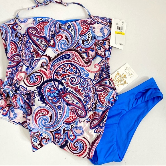 Becca Paisley Bandanna Wrap Front Tankini Set Top and Buttons Swimsuit M